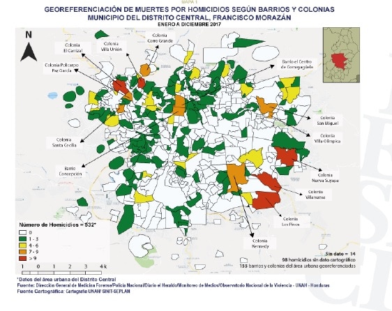 Fuente: IUDPAS (homicidios en 2017, según barrio y colonia del Distrito Central).