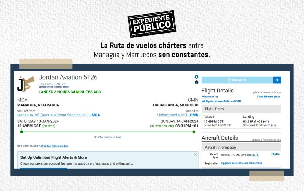Esta imagen muestra la ruta de un vuelo regresando desde Managua a Marruecos.