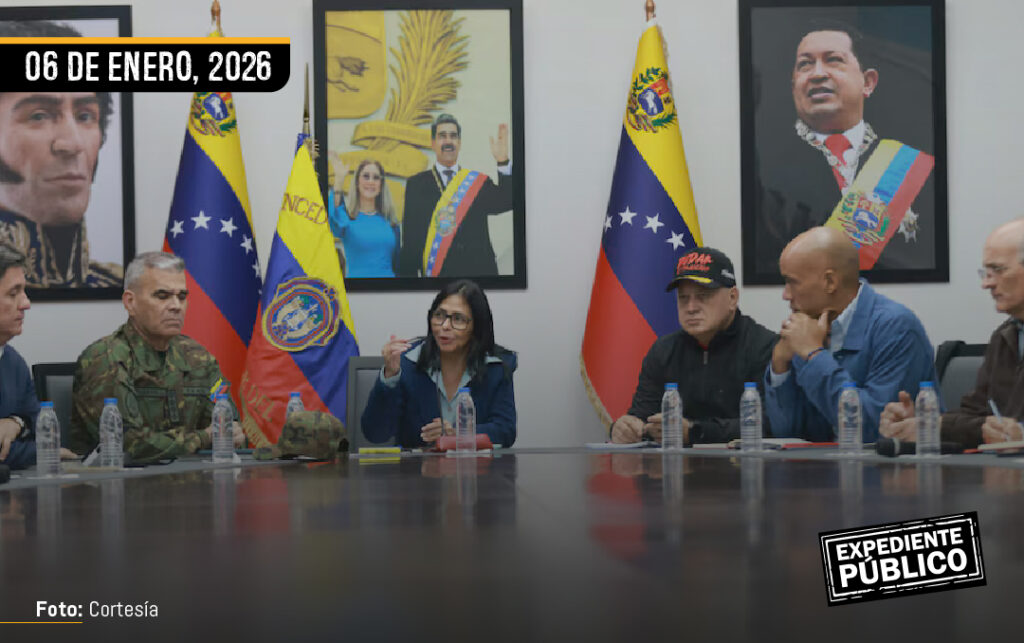Desde la izquierda, el ministro de la Defensa, Vladimir Padrino Lopez; el ministro del Interior, Diosdado Cabello; la presidenta de Venezuela, Delcy Rodríguez, y el presidente de la Asamblea Nacional, Jorge Rodríguez, este lunes en Caracas.